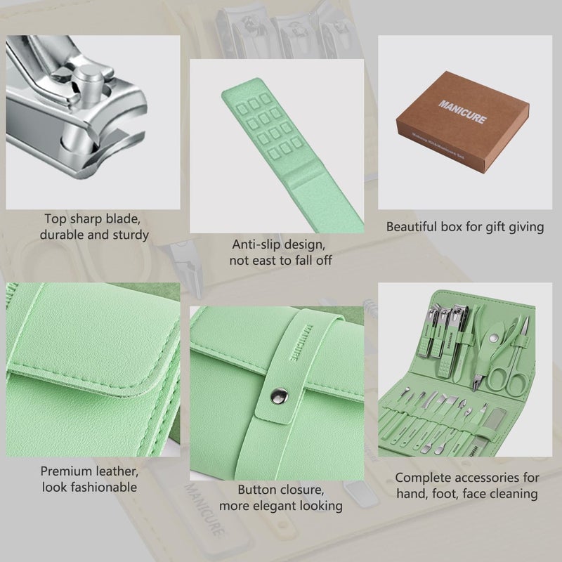 Leipple Manicure Set Professional Nail Clippers Pedicure Kit, 16 pcs Stainless Steel Nail Care Tools Grooming Kit with Luxurious Travel Leather Case for Thick Nails Men Women Gift (Green) - Image 3